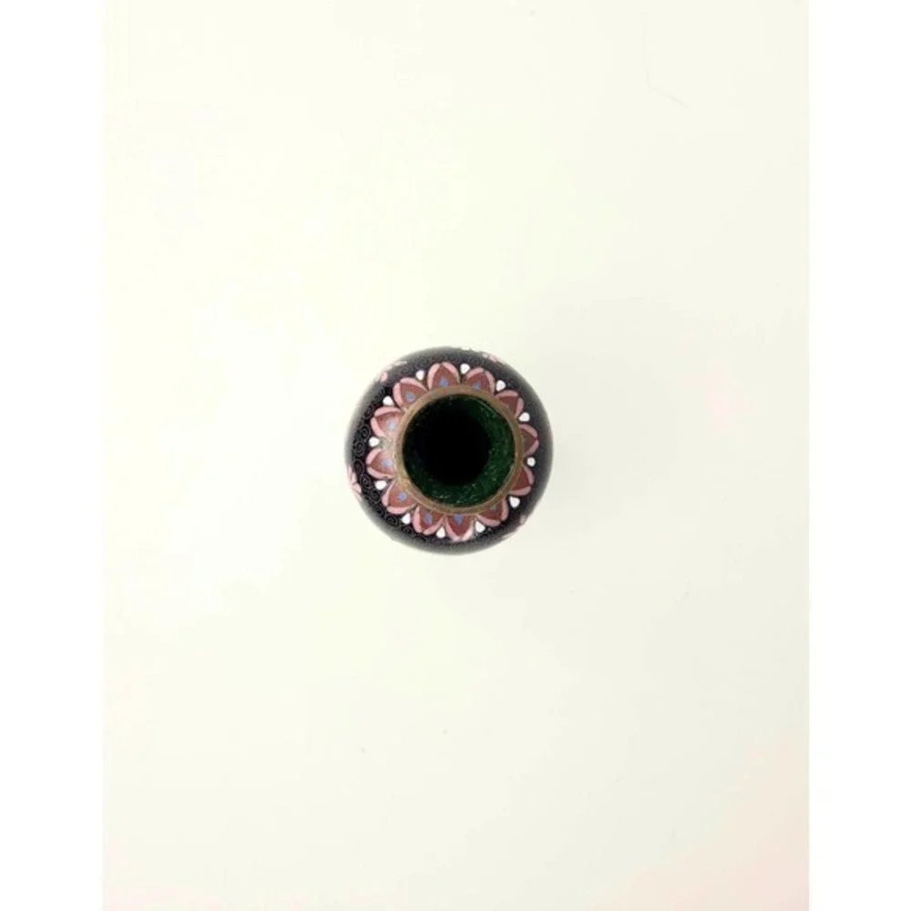 Antique Chinese Black Pink Green Floral‎ Peony Cloisonné Vase